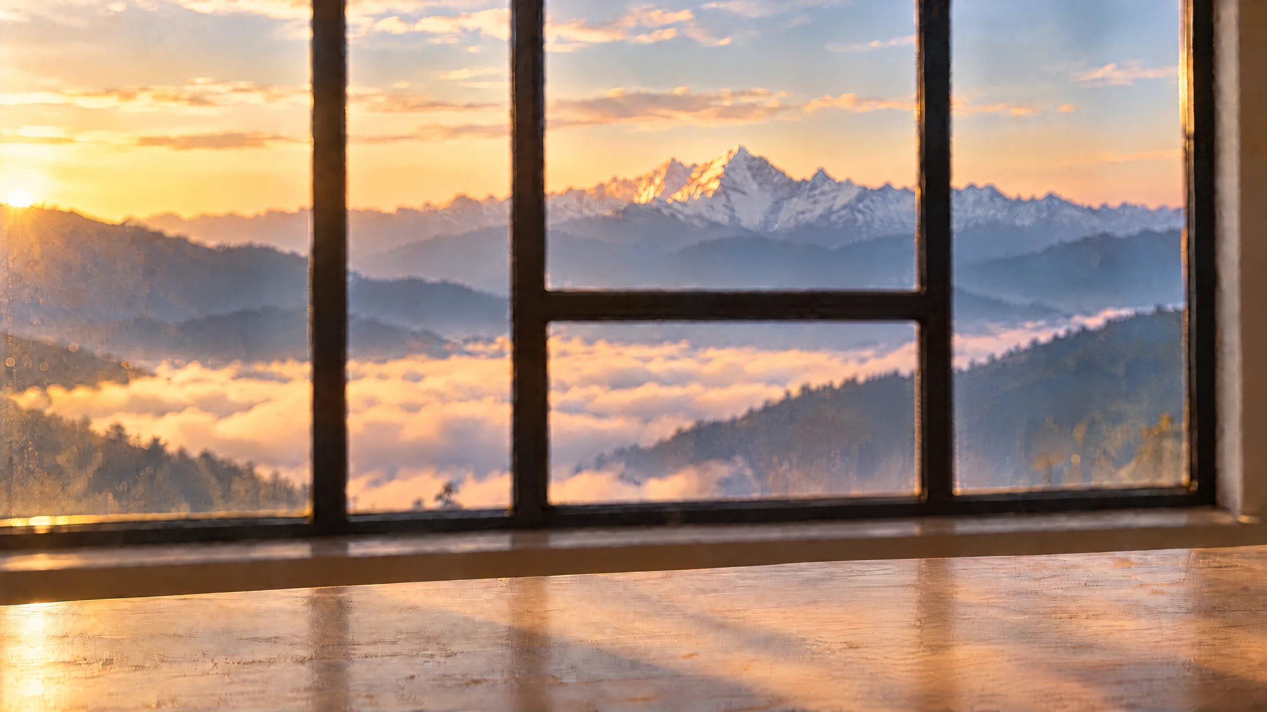 Your drink on a wooden table by the window at golden hour, snow peaks beyond